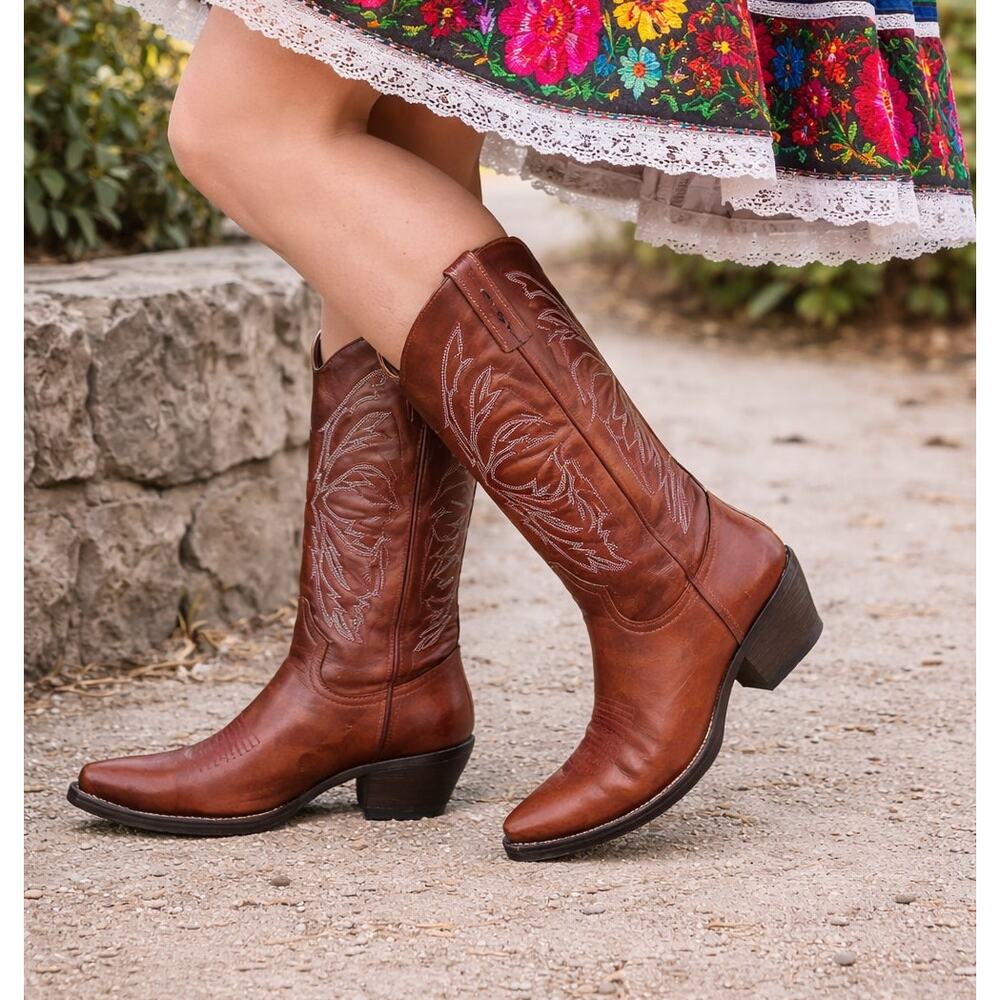 Tanner Mark Women’s Gypsy Square Toe Western Boots Cognac Leather 10.5 - NEW